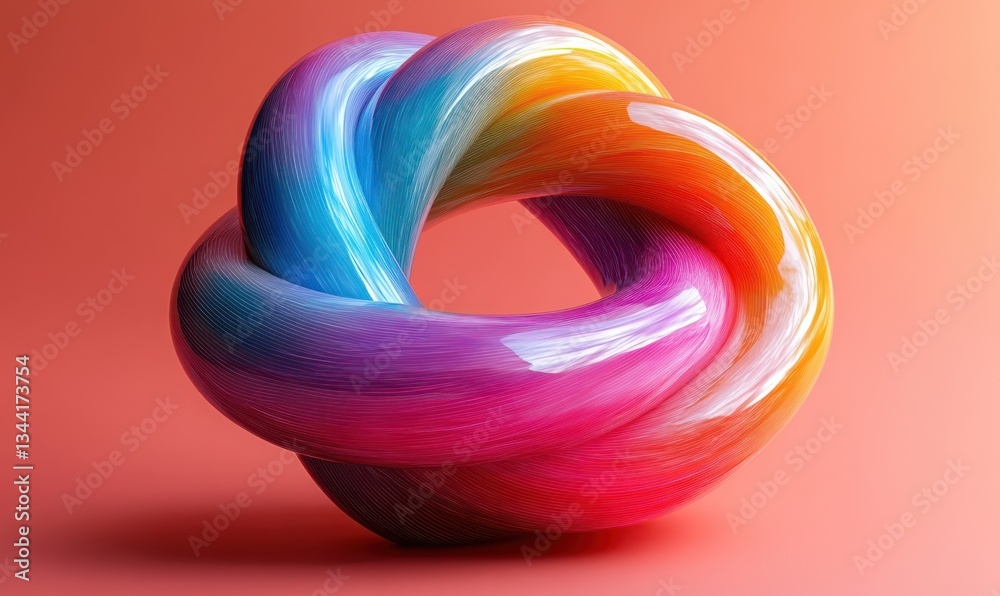 Aufkleber colorful twisted torus knot with rainbow gradient on coral red background
