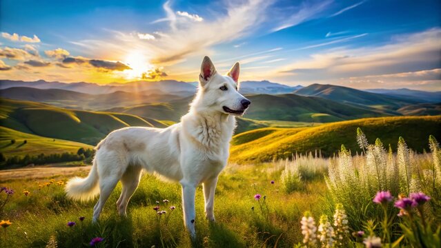 Majestic White Indian Pariah Dog in a Serene Landscape