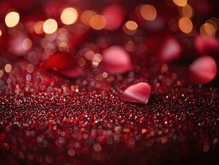 Romantic Red Rose Petals and Bokeh Lights on Glittery Surface Close-Up