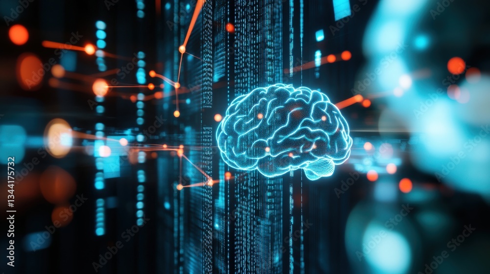 Poster exploring neural networks and artificial intelligence digital realm graphic visualization high-tech 