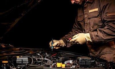 Mechanic repairing a car engine. Close-up shot of hands and tools. Dark background emphasizes the details.