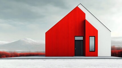 A red house with a white roof sits on a snowy hill