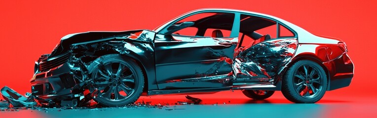 Futuristic car accident with glowing wreckage in a neon environment