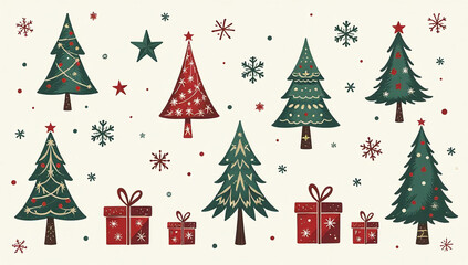 old style christmas doodles include trees gifts snowflakes vintage sketch