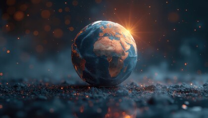 Glowing Earth globe with a sunrise effect in darkness during Earth Hour.