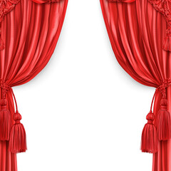 An elegant red theater curtain with tassels and drapery, creating a classic and luxurious stage appearance.