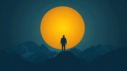 Silhouette figure on mountaintop, night, giant moon