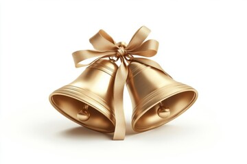 Two elegant gold bells adorned with a soft beige ribbon, symbolizing celebration and harmony.