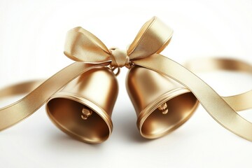 Elegant golden wedding bells adorned with a satin ribbon, symbolizing love and celebration.