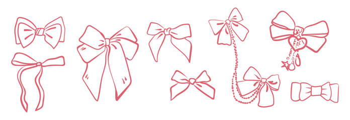 Set of cute coquette vintage bows and ribbons. Hand drawn girly decorations in doodle style. Vector stickers for invitation, scrapbooking, postcard or personal secret diary.