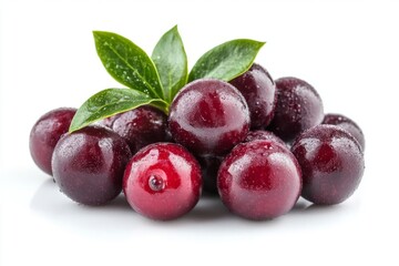 Fresh, ripe plums with a vibrant green leaf, showcasing their juicy texture and rich color.