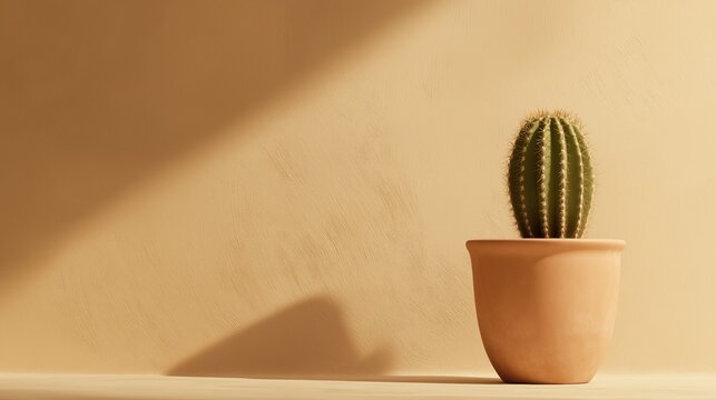 Small cactus plant in a terracotta pot on a beige background. the cactus is facing towards the right side of the image and its spines are visible.