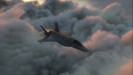 Military fighter jet F-35 flying over clouds. Air force. 3d rendering.