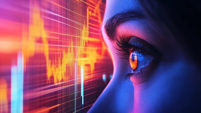 Close-up of a woman's eye gazing at vibrant financial graphs and data visualizations