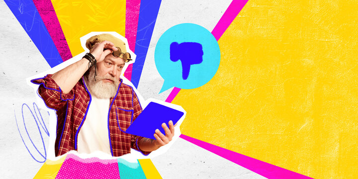 Confused senior customer analyzing service, symbolizing challenges in user experience, and importance of clear brand communication. Concept of business, customer experience, accessibility.