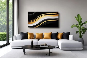 Modern interior design featuring gold, black, and white abstract painting