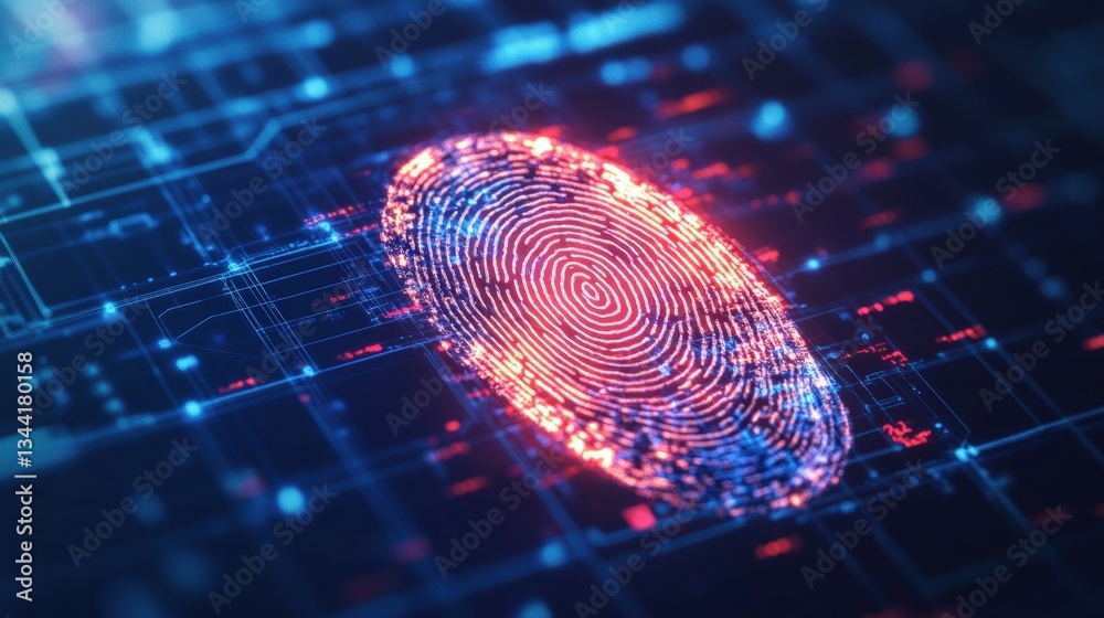 Poster a glowing red and blue fingerprint composed of digital data on a complex microchip circuit board ill