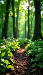 Obraz premium Terre verte et fleurs de cerisier dans un paysage de for?t bor?ale, earthy, trees