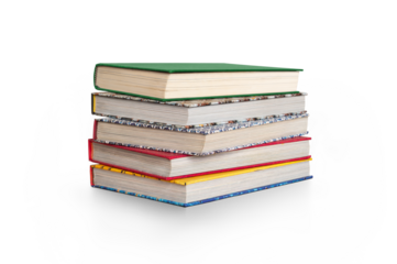 A pile of traditional real books used for education at schools and universities for learning and research isolated against a transparent background.