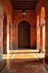 Fototapeta premium Terracotta tiles in a grand hallway or entrance, opulence, entrance