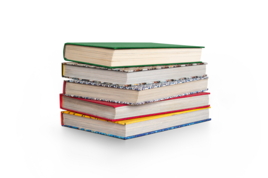 A pile of traditional real books used for education at schools and universities for learning and research isolated against a transparent background.