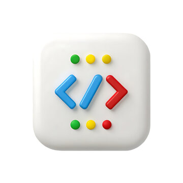 Playful code symbols in vibrant colors on a clean white square, celebrating creativity and digital innovation.