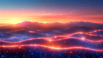 Fototapeta premium Glowing Mountain Landscape with Starry Sky and Wavy Light Trails