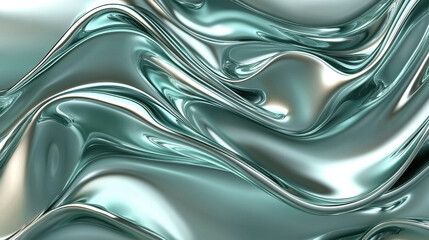3D render metallic fluid Mint green liquid abstract background with smooth, flowing metallic texture background