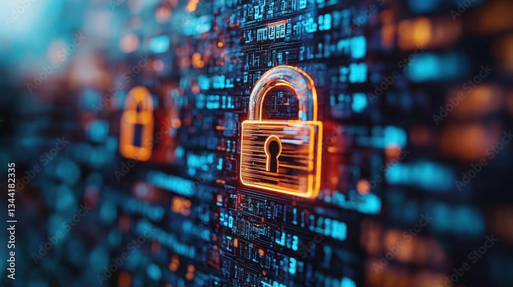 Poster glowing orange padlock icon with blue and orange binary code background representing advanced data s