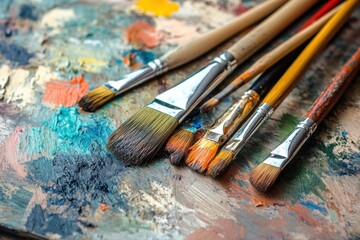 Paintbrushes and palette on table with natural light and copy space on right