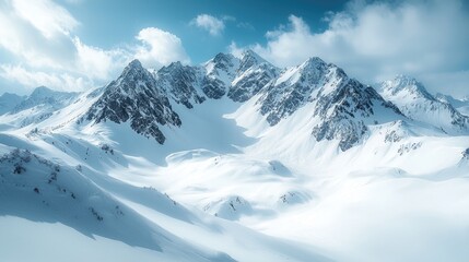 Obraz premium Majestic snow-covered mountains under a clear blue sky with soft clouds