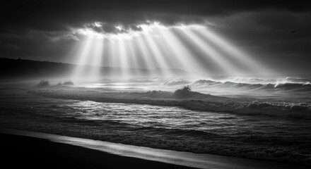 Dramatic Black and White Seascape Sun Rays Breaking Through Storm Clouds Over Ocean Waves