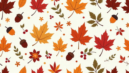 seamless autumn pattern colorful leaves acorns berries flowers fall seasonal print hand drawn vector