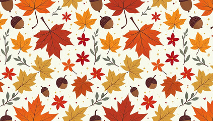 seamless autumn pattern colorful leaves acorns berries flowers fall seasonal print hand drawn vector