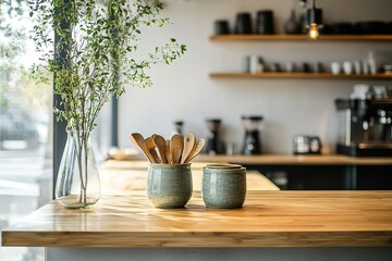 Stylish Kitchen Countertop with Wooden Utensils, Ceramic Jars, and Greenery