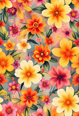 Vibrant Floral Pattern: Nature's Colorful Spring Garden Background with Fresh Blossoms and Elegant Design Elements