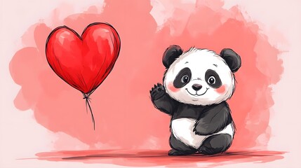 Obraz premium Cute Panda Greeting with a Red Heart Shaped Balloon in a Playful Cartoon Doodle Style