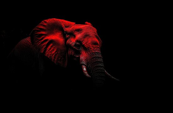 striking red elephant portrait against a dark background, showcasing its majestic features