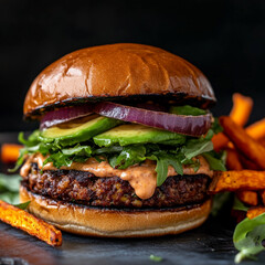 Close up of a burger with avocado red onion lettuce and sauce served with sweet potato fries