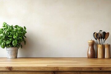 Rustic Kitchen Countertop Mockup Wooden Table, Basil Plant, and Utensils