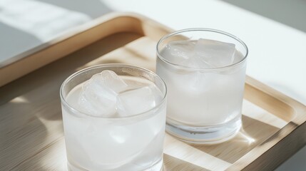Two glasses of water on a wooden tray. the glasses are filled with ice cubes and appear to be freshly made. the tray is rectangular in shape and has a light brown finish.