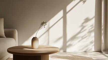 Modern living room with a beige sofa on the left side and a round wooden coffee table in the center. on the coffee table, there is a white vase with a small plant in it.
