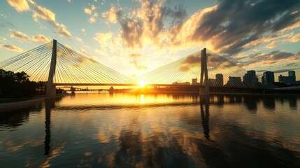 Fototapeta premium Vibrant sunset casts golden glow over cityscape with reflections in calm waters beneath modern cable-stayed bridge creating a stunning evening scene