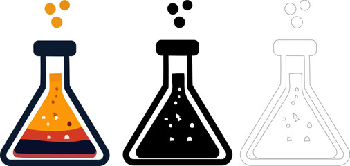 Lab tube flask beaker chemistry sign symbol icons set of three colorful black and outline