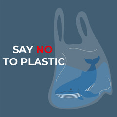 Say No to plastic – Environmental awareness illustration showing a whale trapped in a plastic bag. Promoting ocean protection and reducing plastic pollution