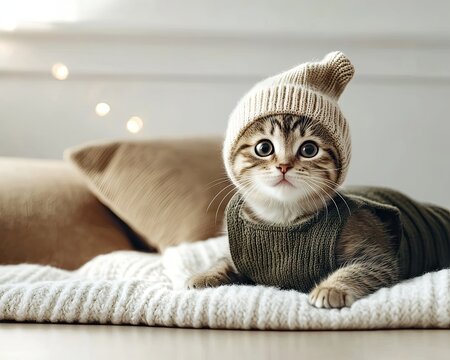 Adorable kitten wearing a cozy hat, lounging on a soft blanket. Perfect photo capturing playful and warm moments in a home environment.