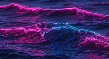 Abstract Neon Glowing Ocean Waves Purple and Blue Night Sea Digital Art Background