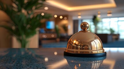 Elegant Golden Service Bell on Hotel Reception Desk in Luxurious Lobby