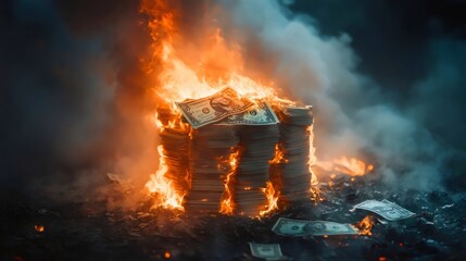 A pile of money is on fire, with the word "dollar" on the top