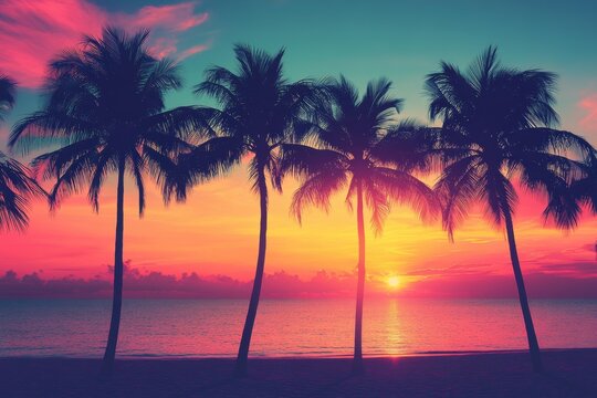 Silhouetted palm trees standing tall on a serene tropical beach at sunset with modern vintage color palette
